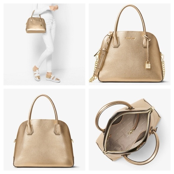 MICHAEL MICHAEL KORS
Mercer Large Metallic Leather Dome Satchel Bag  Gold - Picture 3 of 17